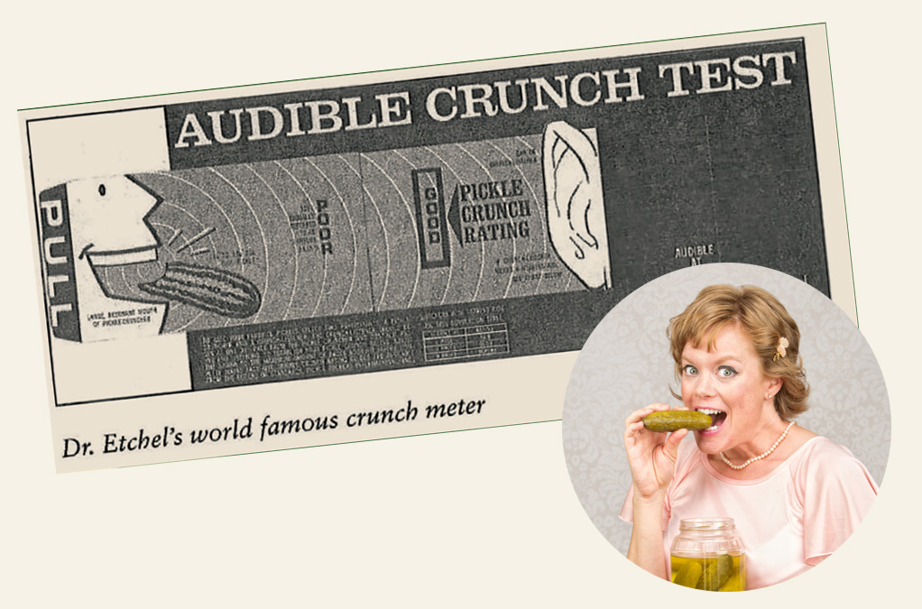 Pickle crunch test graphic featuring a smiling mouth, crunch rating scale, and joyful woman enjoying pickles.