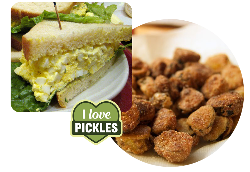 Delicious egg salad sandwich paired with crunchy fried pickles for a perfect comfort food combo.