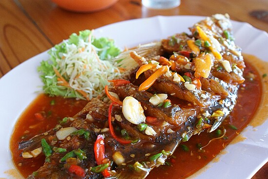 Grilled fish with spicy citrus sauce, fresh salad, and vibrant garnishes in seaside dining setting.