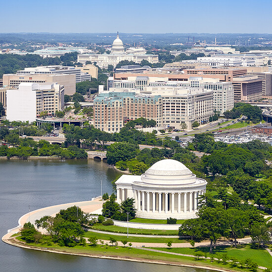 Stunning view of Jefferson Memorial, Tidal Basin, and U.S. Capitol in Washington, D.C.