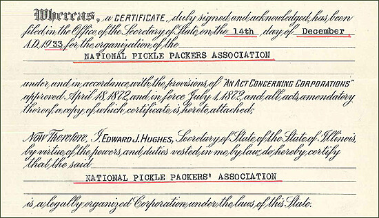 Historical certificate of the National Pickle Packers Association, established December 14, 1933.