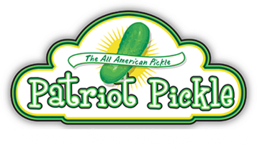 Patriot Pickle logo featuring a bright green pickle with a patriotic theme and fresh tagline.