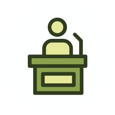 Minimalist depiction of a speaker at a podium, emphasizing public speaking and professionalism.