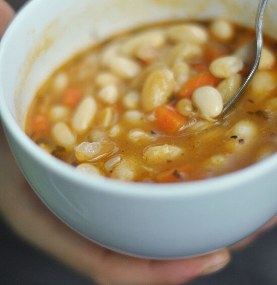 Delicious Pickle Bean Vegetable Soup in a white bowl, perfect for a comforting meal.