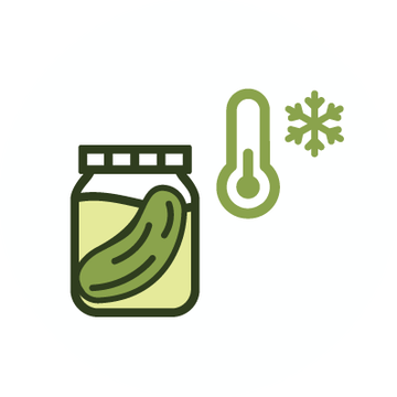 Fresh pickles jar with thermometer and snowflake icons for optimal food storage conditions.