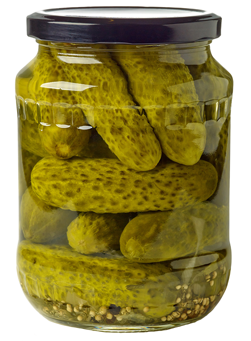 Jar of vibrant pickled cucumbers preserved in brine, showcasing homemade pickles and spices.