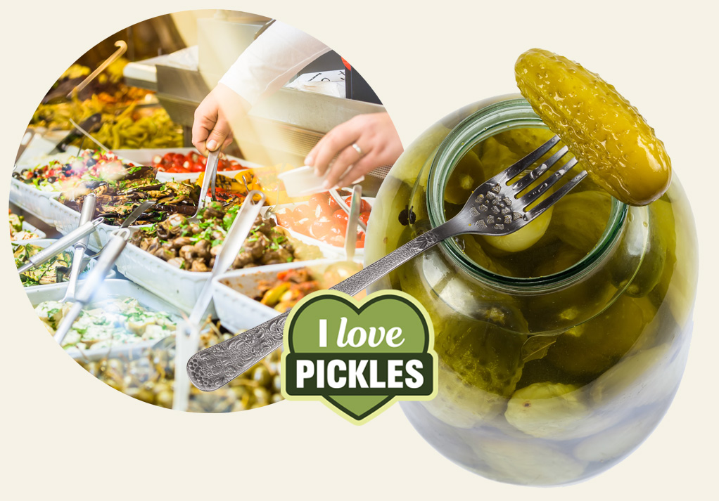 Colorful buffet featuring pickles, salads, and interactive dining experiences with fresh ingredients.