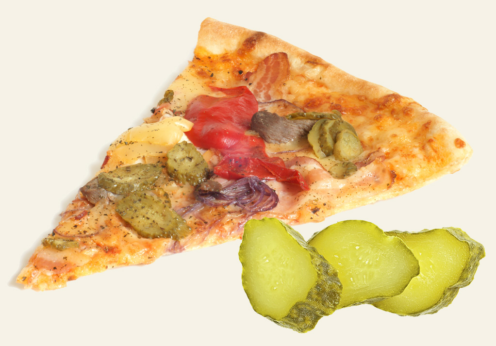 Delicious pizza slice topped with cheese, vegetables, and pickles for a unique flavor combination.