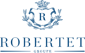Elegant Robertet Groupe logo featuring a crown, R initial, and rich blue colors.
