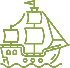 Stylized minimalist sailboat illustration in green, showcasing adventure on the high seas.