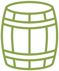 Stylized green barrel design representing wine and whiskey storage in a modern minimalist style.